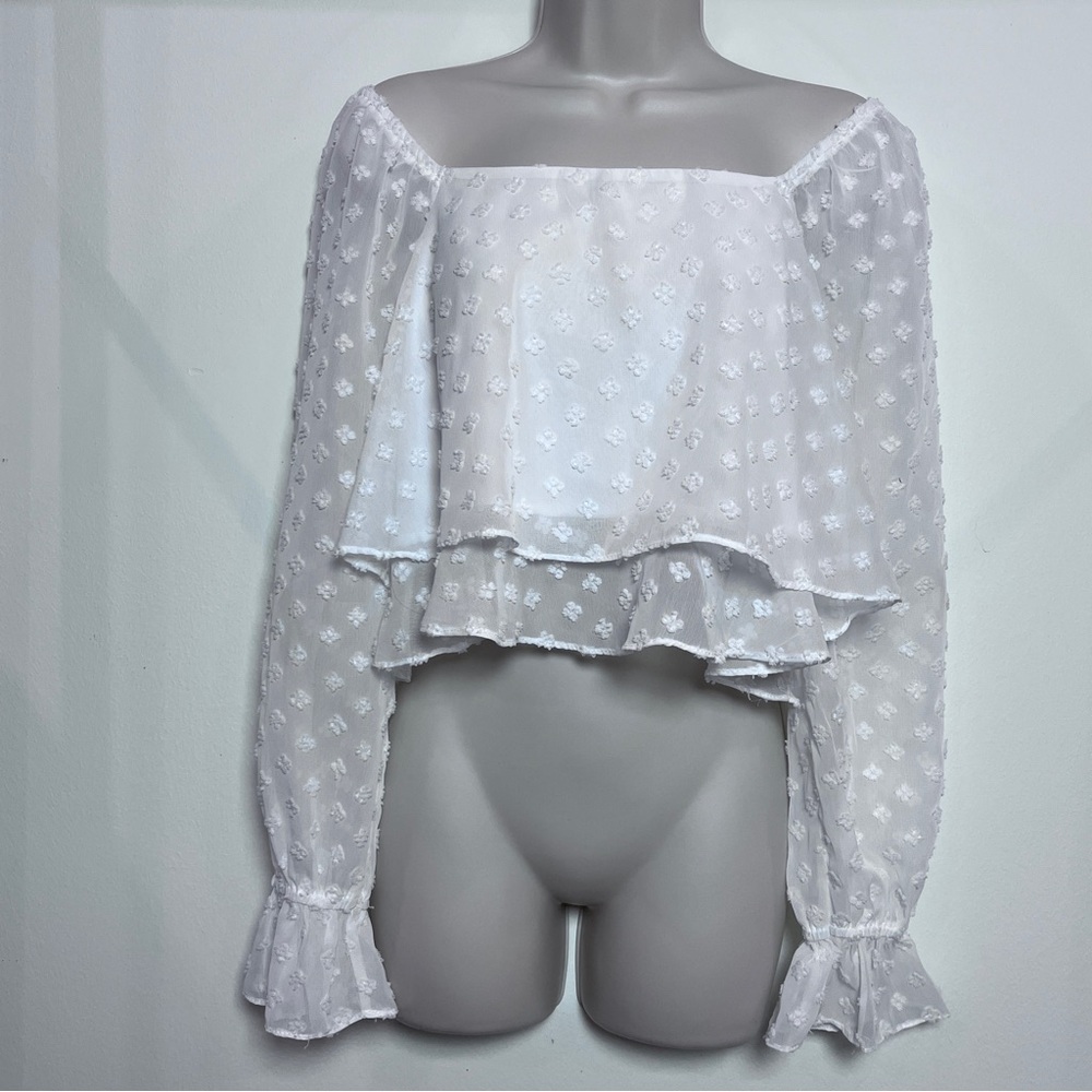 Altar'd State White Layered Boho Fairy Cropped Embroidered Ruffle Blouse